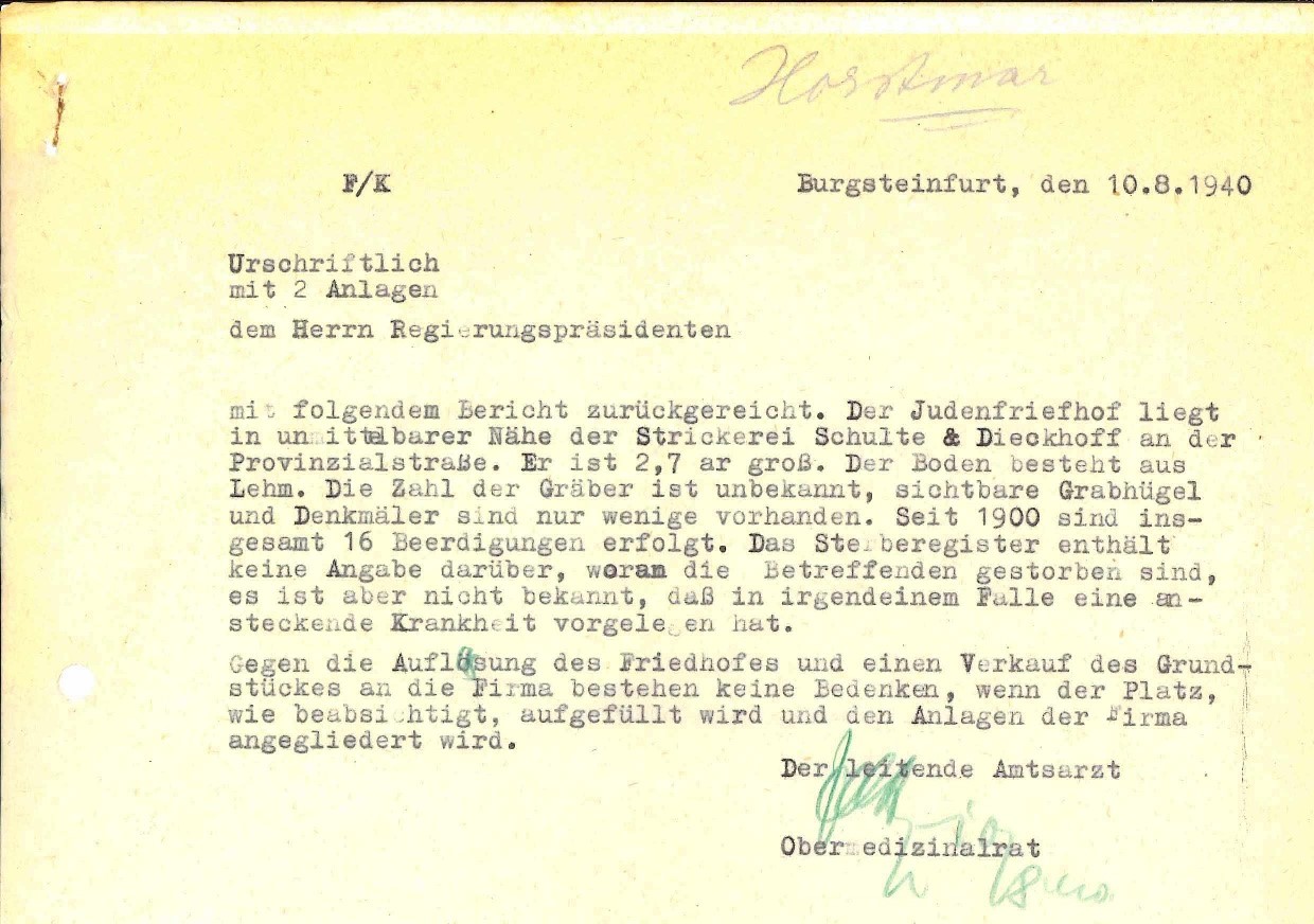 Überprüfung zu Auflösung des jüdischen Friedhofs in Horstmar (1940) Überprüfung zu Auflösung des jüdischen Friedhofs in Horstmar (1940)